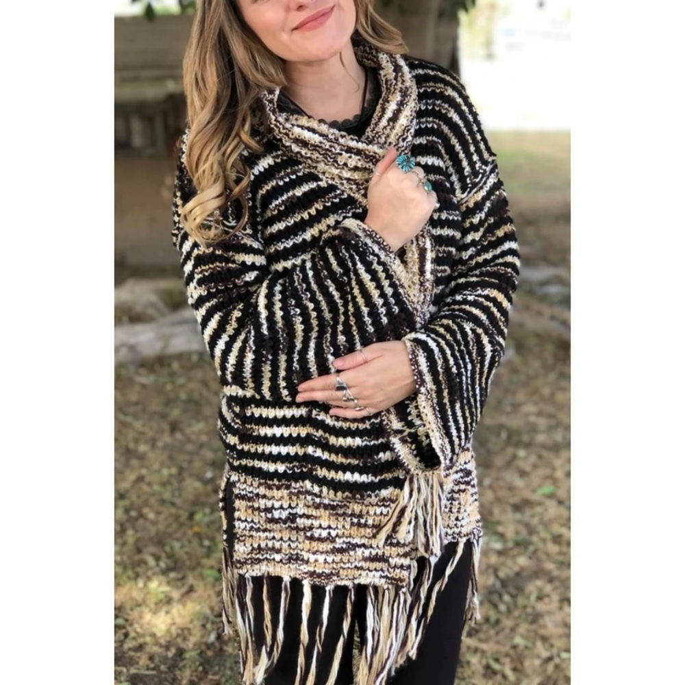 POL Beige Tan Cream Shawl Collar Cardigan with Fringe | Oversized Boho Knit - Picture 3 of 10